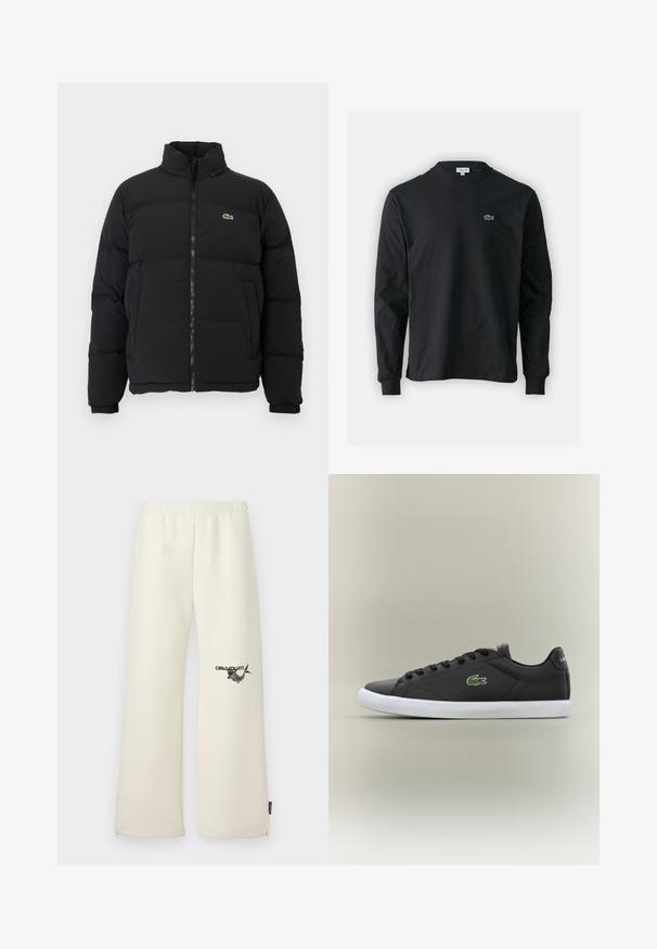 Juodas pūkinis švarkas su aukštu apykakle, priekiniais užtrauktuku ir maža žalia emblema. Yra siūtos dalys ir elastingi rankogaliai.; Juodas ilgomis rankovėmis marškinėliai iš medvilnės, turintys apvalią iškirptę ir mažą žalią išsiuvinėtą krokodilo logotipą kairėje krūtinės pusėje.; Kreminės spalvos sportinės kelnės su laisvu kirpimu, elastinga juosta ir šoninėmis kišenėmis. Kairėje šlaunyje yra spausdintas dizainas.; Juodos odinės sportbačiai su baltais guminiais padais, turintys žalią krokodilo logotipą ir apvalias raišteles, elegantiškas dizainas su lygia tekstūra.