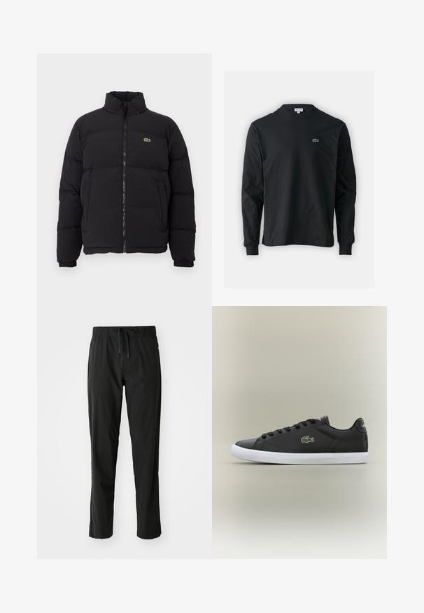 Sort puffer-jakke med høj krave, frontlynlås og et lille grønt logo. Har quiltede sektioner og elastiske manchetter.; Sort langærmet t-shirt lavet af bomuld, med rund halsudskæring og et lille grønt broderet krokodillelogo på venstre bryst.; BOSS ACTIVE MOVE - Træningsbukser - black; Sorte lædersneakers med hvid gummisål, der har et grønt krokodillelogo og runde snørebånd, slank design med glat tekstur.
