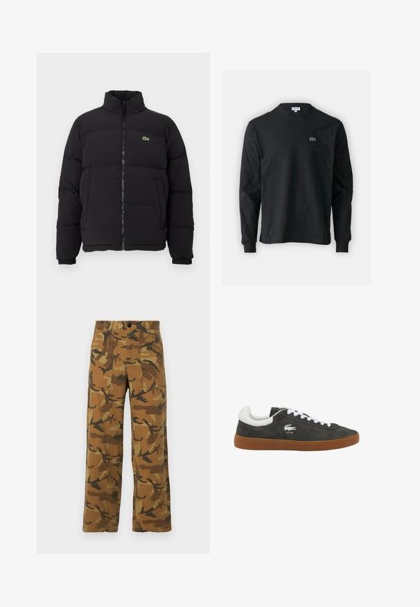 Doudoune noire avec un col haut, une fermeture éclair à l'avant et un petit logo vert. Comprend des sections matelassées et des poignets élastiqués.; T-shirt noir à manches longues en coton, avec un col rond et un petit logo de crocodile brodé vert sur la poitrine gauche.; Pantalons cargo à motif camouflage dans des teintes de marron et de vert, en tissu léger, avec quatre poches et une fermeture à bouton.; Baskets en daim gris avec des lacets blancs, dotées d'une semelle en caoutchouc gum et d'un petit logo crocodile blanc sur le côté. Texture lisse et design bas.