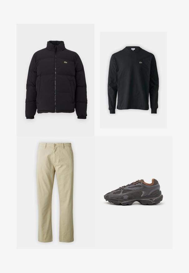 Black puffer jacket with a high collar, front zipper, and a small green logo. Features quilted sections and elasticized cuffs.; Black long-sleeve t-shirt made of cotton, featuring a round neckline and a small green embroidered crocodile logo on the left chest.; Beige cotton trousers with a straight-leg design, front button closure, and belt loops. Smooth texture, no visible patterns or accents.; Lacoste sneakers in dark gray with mesh and synthetic material, featuring a textured sole and brown accents on the collar and branding.