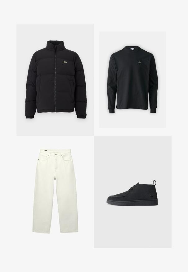 Jachetă pufă neagră cu guler înalt, fermoar frontal și un mic logo verde. Prezintă secțiuni quilted și mânși elasticizate.; Tricou negru cu mânecă lungă, realizat din bumbac, cu un guler rotund și un mic logo brodat cu un crocodil verde pe partea stângă a pieptului.; Jeans din denim alb cu picior larg, talie înaltă, cinci buzunare, închidere cu buton și textură subtilă, având picioare drepte și lejer croite.; Cizme de gleznă din suede negru, cu șireturi, având un tab de prindere și o talpă texturată, prezentând un mic logo de crocodil embossat pe lateral.