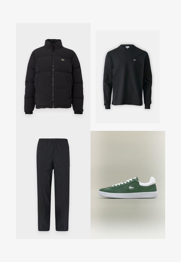 Črna napihljiva jakna z visokim ovratnikom, sprednjim zadrgo in majhnim zelenim logotipom. Ima prešite dele in elastične manšete.; Črna dolgi rokavi majica iz bombaža, z okroglim ovratnikom in majhnim zelenim vezenim logotipom krokodila na levem prsnem delu.; Črne, lahke hlače z elastičnim pasom in zoženimi nogami ter minimalno teksturo. Imajo stranske šive in majhen logo na levi nogi.; Nizkoprofilni zeleni suedenih športni copati z belimi vezalkami, belim podplatom, oblazinjenim ovratnikom in izvezenim logojem krokodila z besedilom "EST. 1933".