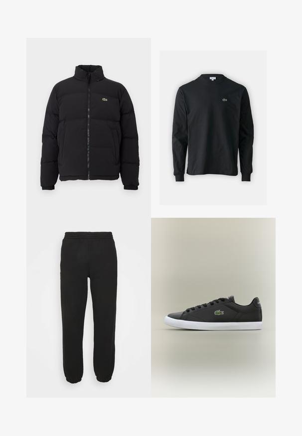 Crni zimski kaput s visokim ovratnikom, prednjim zatvaračem i malim zelenim logotipom. Sadrži kvadrate sa stupovima i elastične manžete.; Crna majica dugih rukava od pamuka, s okruglim izrezom i malim zelenim izvezenim logotipom krokodila s lijeve strane prsnog dijela.; Crne trenirke izrađene od mekanog materijala, s elastičnom gumom u struku i skupljenim manžetama. Jednostavan dizajn bez vidljivih uzoraka ili logotipa.; Crne kožne tenisice s bijelim gumenim potplatom, s zelenim krokodilom kao logotipom i okruglim vezicama, elegantnog dizajna s glatkom teksturom.