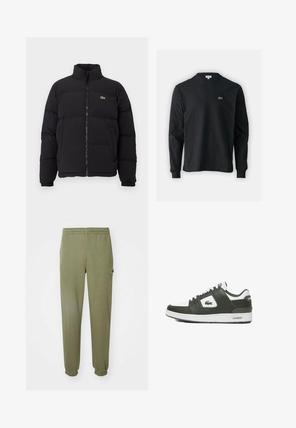 Zwarte pufferjack met een hoge kraag, voorrits en een klein groen logo. Bevat doorgestikte secties en elastische manchetten.; Zwarte longsleeve t-shirt van katoen, met een ronde halslijn en een klein groen geborduurd krokodillenlogo op de linkerborst.; Olijfgroene joggingbroek gemaakt van een zachte stof, met een elastische tailleband en boorden, voorzien van een klein merkembleem op de bovenbeen.; Groene leren sneaker met witte accenten, met een ronde neus, vetersluiting, gestructureerd oppervlak en een Lacoste-logo. Rubberen zool.