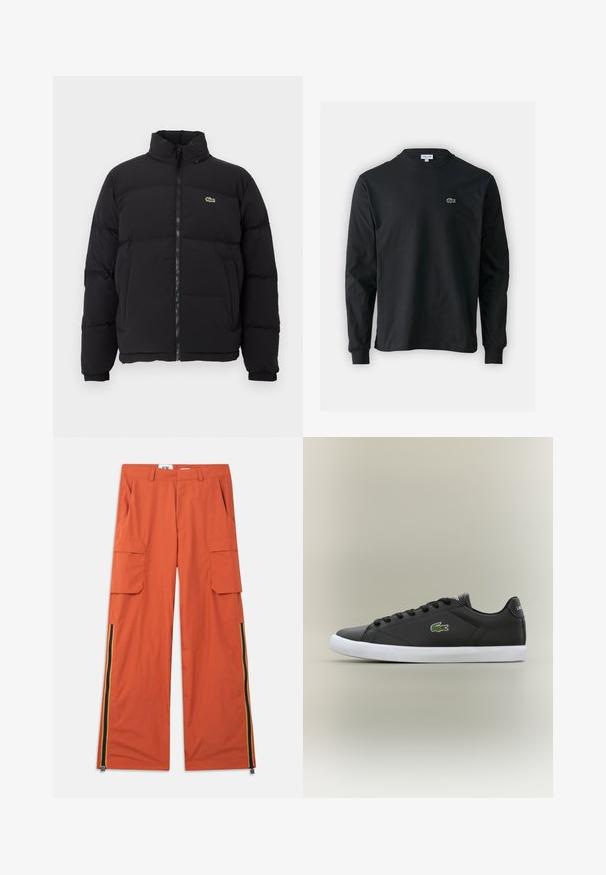Doudoune noire avec un col haut, une fermeture éclair à l'avant et un petit logo vert. Comprend des sections matelassées et des poignets élastiqués.; T-shirt noir à manches longues en coton, avec un col rond et un petit logo de crocodile brodé vert sur la poitrine gauche.; Pantalon cargo orange avec deux poches latérales et un design à jambes larges. Caractérisé par des rayures verticales en bleu, jaune et rouge le long des coutures.; Baskets en cuir noir avec semelle en caoutchouc blanche, présentant un logo crocodile vert et des lacets ronds, au design élégant avec une texture lisse.