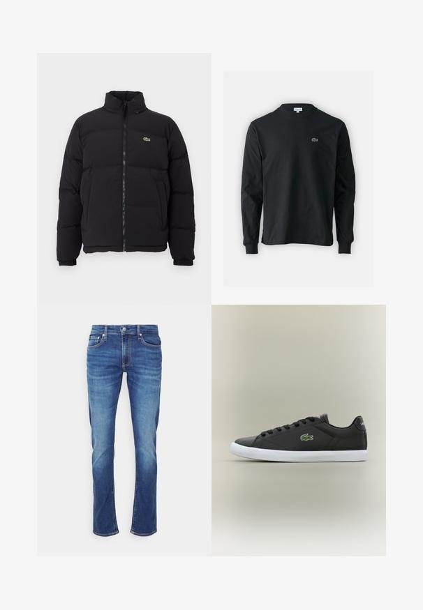 Juodas pūkinis švarkas su aukštu apykakle, priekiniais užtrauktuku ir maža žalia emblema. Yra siūtos dalys ir elastingi rankogaliai.; Juodas ilgomis rankovėmis marškinėliai iš medvilnės, turintys apvalią iškirptę ir mažą žalią išsiuvinėtą krokodilo logotipą kairėje krūtinės pusėje.; Mėlyni džinsai su tiesiomis kojomis. Ypatybės apima tradicinį penkių kišenių išdėstymą ir matomas siuvimo detales.; Juodos odinės sportbačiai su baltais guminiais padais, turintys žalią krokodilo logotipą ir apvalias raišteles, elegantiškas dizainas su lygia tekstūra.