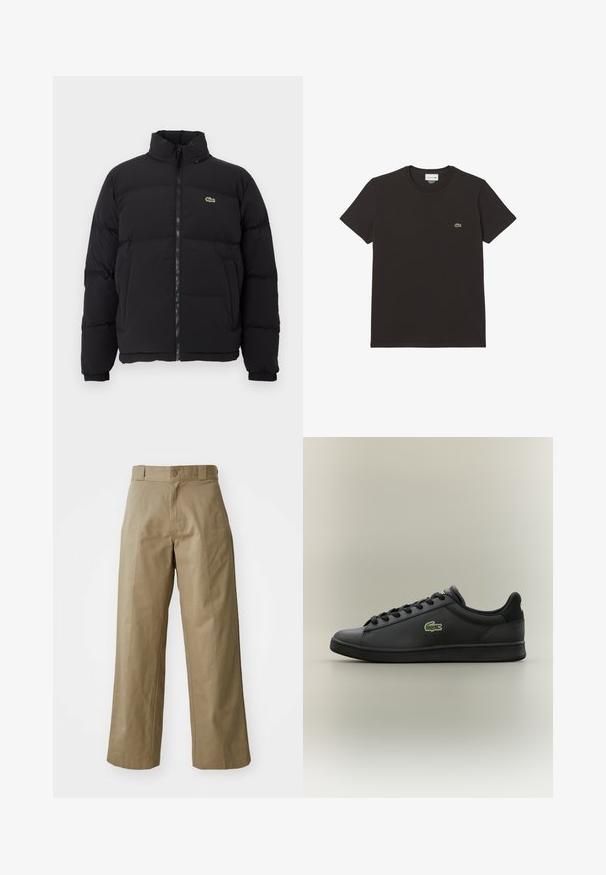 Czarna kurtka puchowa z wysokim kołnierzem, przednim zamkiem błyskawicznym i małym zielonym logo. Posiada pikowane sekcje oraz elastyczne mankiety.; Czarna bawełniana koszulka z krótkimi rękawami i okrągłym dekoltem. Posiada małe zielone logo krokodyla Lacoste na piersi. Gładka faktura.; Jasnozielone, szerokie spodnie wykonane z mieszanki bawełny, z pojedynczym zapięciem na guzik i widocznymi kieszeniami bocznymi. Gładka tekstura, szczegóły w postaci załamań.; Czarne niskie skórzane sneakersy z czarnymi sznurówkami, z zielonym logo krokodyla z boku, na neutralnym, jednolitym tle.