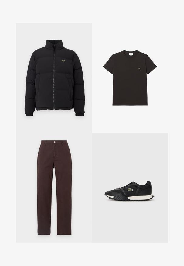 Črna napihljiva jakna z visokim ovratnikom, sprednjim zadrgo in majhnim zelenim logotipom. Ima prešite dele in elastične manšete.; Črna bombažna majica s kratkimi rokavi in okroglim ovratnikom. Ima majhen zeleni logotip krokodila Lacoste na prsih. Gladka tekstura.; Libertine-Libertine ALERT - Hlače - chocolate; Črne teniske z gladkim usnjenim zaključkom, opremljene z teksturirano gumijasto podplatom, belim medpodplatom in zeleno izvezenim logotipom na strani.