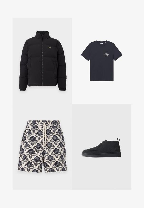 Mustapuffatakki korkealla kauluksella, edessä vetoketju ja pieni vihreä logo. Sisältää tikattuja osia ja joustavat hihansuut.; T-paita laivastonsinisestä puuvillasta, jossa on pyöreä kaula-aukko, lyhyet hihat ja pieni valkoinen "LD"-logo vasemmassa rinnassa. Klassinen laatikkomainen malli.; Vaalean kermaisia painettuja shortseja, joissa on tummansininen kukkakuosi. Shortseissa on joustava vyötärö ja nyöri, ja ne on valmistettu kevyestä kankaasta.; Mustat mokka nauhalla suljettavat nilkkasaappaat, joissa on vetotappi ja teksturoitu pohja, sekä pieni kohokuvioitu krokotiililogo sivulla.