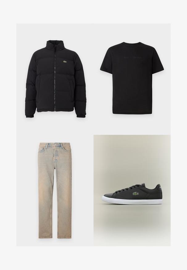 Juodas pūkinis švarkas su aukštu apykakle, priekiniais užtrauktuku ir maža žalia emblema. Yra siūtos dalys ir elastingi rankogaliai.; Lacoste Paprasti marškinėliai - black; Šviesiai smėlio spalvos džinsai su tiesiu kirpimu. Turintys penkis kišenes, mygtukų užtrauktuką ir švelnų blukimą audinio paviršiuje.; Juodos odinės sportbačiai su baltais guminiais padais, turintys žalią krokodilo logotipą ir apvalias raišteles, elegantiškas dizainas su lygia tekstūra.