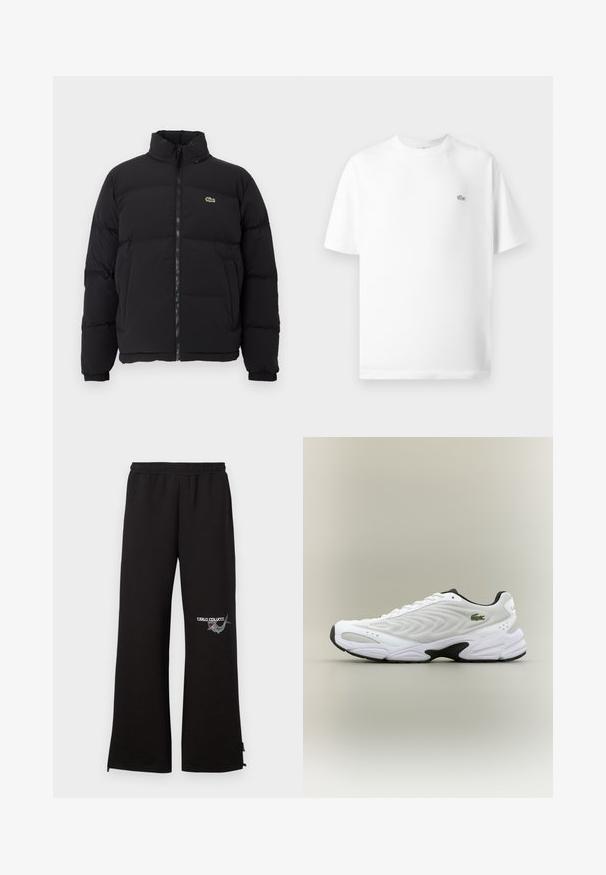 Zwarte pufferjack met een hoge kraag, voorrits en een klein groen logo. Bevat doorgestikte secties en elastische manchetten.; Witte katoenen t-shirt met een ronde hals en korte mouwen. Bevat een klein zwart Lacoste-logo aan de linkerkant van de borst.; Zwarte trainingsbroek met een elastische tailleband, met een geborduurd logo en grafische details op het linkerbeen. Rechtoe-rechtaan pijp met ritsen aan de onderkanten.; Witte sportieve schoen met een textuur van gaas bovenwerk, gebogen ontwerp en contrasterende zwarte zool. Heeft een groen geborduurd logo aan de zijkant.