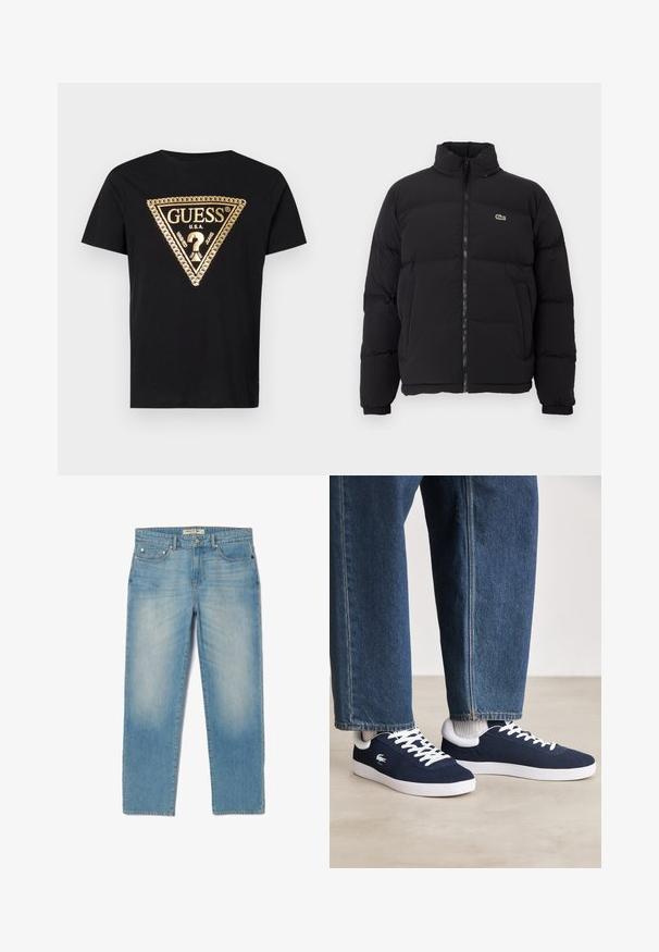 Μαύρο μπουφάν πούφφας με ψηλό γιακά, μπροστινό φερμουάρ και μικρό πράσινο λογότυπο. Διαθέτει καπιτονέ τμήματα και ελαστικούς καρπούς.; Guess CHAIN - Μπλουζάκι με στάμπα - jet black; Ανοιχτό μπλε τζιν παντελόνι με ίσια γραμμή, πέντε τσέπες και ελαφρώς ξεθωριασμένο φινίρισμα. Διαθέτει ασημένια μεταλλικά στοιχεία και ετικέτα με το λογότυπο στη μέση.; Μπλε καμβάδες αθλητικά παπούτσια με λευκές κοφτές και καουτσούκ σόλες, προσαρμοσμένα με τζιν παντελόνι και γκρι ριγέ κάλτσες, σε ανοιχτό γκρι επιφάνεια.