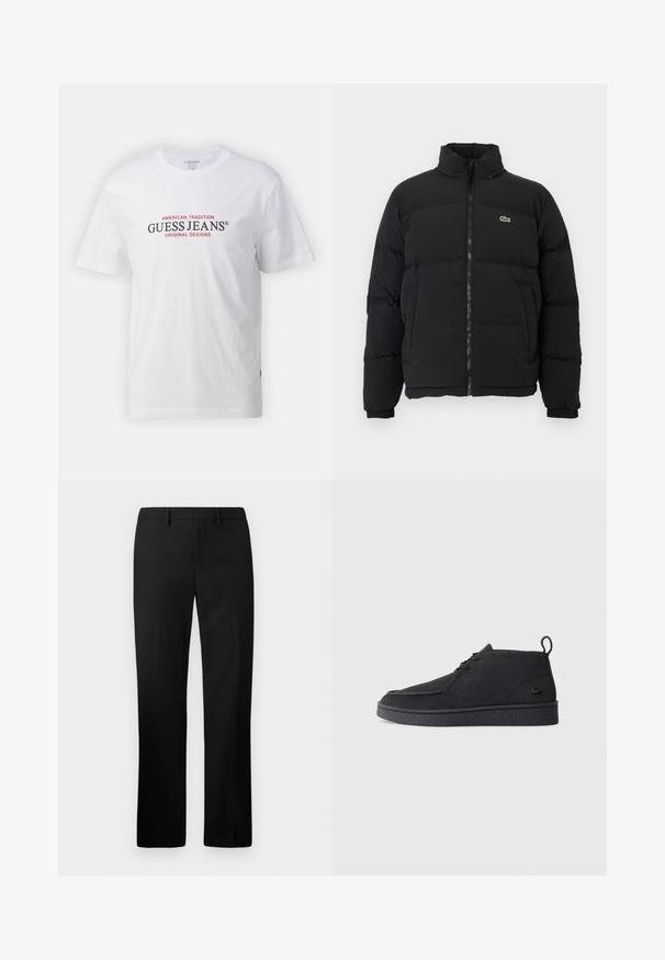 Must küll puffer-jope kõrge kraega, esine tõmblukk ning väike roheline logo. Omab tikitud osi ja elastseid mansette.; Valge puuvillane t-särk, millel on ümar kaelus ja lühikesed varrukad, punase ja musta värviga tekst "GUESS JEANS" ja "AMERICAN TRADITION."; Mustad püksid sirge säärega, valmistatud siledast kangast. Omadusteks on tasane esipind ja keskmise kõrgusega vööpais.; Must värvi sametist nööbitavad ankle-kingad tõmbluku ja tekstureeritud tallaga, millel on külgedel väike reljeefne krokodillilogo.