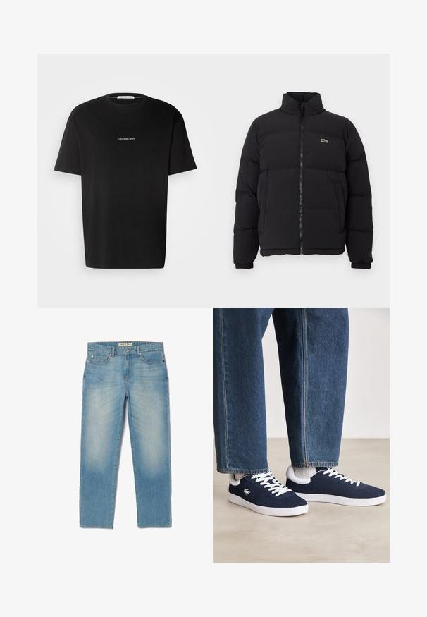 Chaqueta de plumas negra con cuello alto, cremallera frontal y un pequeño logotipo verde. Presenta secciones acolchadas y puños elásticos.; Calvin Klein Jeans CITY GRID MAP TEE - Camiseta estampada - black; Jeans de mezclilla azul claro con un diseño de pierna recta, cinco bolsillos y un lavado ligeramente desgastado. Presentan herrajes plateados y una etiqueta de marca en la cinturilla.; Zapatillas de lona azules con cordones blancos y suelas de goma, mostradas con pantalones de mezclilla y calcetines de canalé grises, sobre una superficie gris claro.