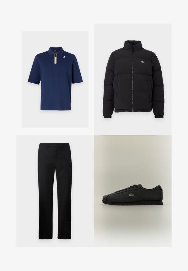 Juodas pūkinis švarkas su aukštu apykakle, priekiniais užtrauktuku ir maža žalia emblema. Yra siūtos dalys ir elastingi rankogaliai.; Tamsiai mėlynas polo marškinėliai, pagaminti iš medvilnės, su trumpu užtrauktuku ir geltonu, baltu bei juodu juostelių dekoru. Ant krūtinės yra mažas logotipas.; Juodos pritaikytos kelnės su tiesiu kojų dizainu, pagamintos iš lygaus audinio. Savybės: plokščias priekis ir vidutinio aukščio liemuo.; Juodos žemos klasės sportbačiai su raištelių užsegimu, tekstūruotu padu ir auksiniu krokodilo logotipu šone.