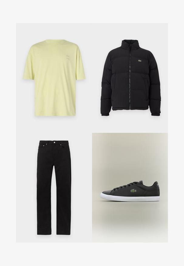 Giacca piumino nera con colletto alto, zip frontale e un piccolo logo verde. Presenta sezioni trapuntate e polsini elasticizzati.; T-shirt di cotone giallo chiaro con maniche corte, colletto rotondo e due piccoli loghi "SAMSØE" stampati sulla parte superiore sinistra.; Jeans in cotone nero con design a gamba dritta, dotati di cinque tasche, chiusura con zip e hardware in tonalità argento. Texture liscia, senza motivi.; Sneaker nere in pelle con suola in gomma bianca, dotate di logo verde a forma di coccodrillo e lacci rotondi, design elegante con texture liscia.