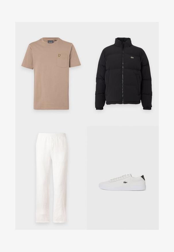 Čierna páperová bunda s vysokým golierom, predným zipsom a malým zeleným logom. Obsahuje prešívané sekcie a elastické manžety.; Hnedé tričko s krátkym rukávom vyrobené z mäkkej bavlny, s náprsnom vreckom a emblémom žltej motýle. Klasický dizajn s okrúhlym výstrihom.; Biele ľanové nohavice s elastickým pásom, rovný strih a mierne textúrovaná látka. Bez vzorov alebo ďalších detailov.; Biele kožené tenisky s okrúhlou špičkou, šnurovaním vpredu a čiernym akcentom na päte. Obsahujú malé vyšívané logo krokodíla na boku.