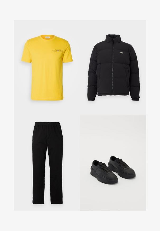 Crni zimski kaput s visokim ovratnikom, prednjim zatvaračem i malim zelenim logotipom. Sadrži kvadrate sa stupovima i elastične manžete.; Žuta pamučna majica s okruglim izrezom, kratkim rukavima i otisnutim logotipom na lijevoj strani prsnog koša, s glatkom teksturom i ležernim dizajnom.; Crne hlače od pamuka s dodatkom, ravnog kroja, s elastičnim pojasom i dugmetom, bez vidljivih uzoraka ili ukrasa.; Crne tenisice od glatke kože s gumom za amortizaciju. Značajke uključuju ravne vezice, perforacije na prstima i elegantnu siluetu.