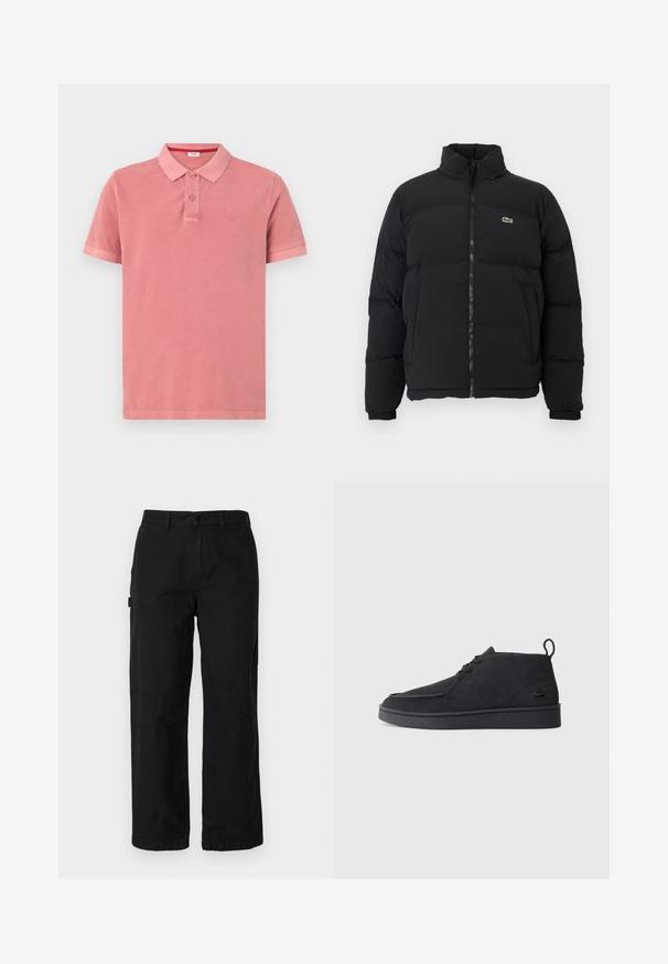 Svart pufferjacka med hög krage, framdragkedja och en liten grön logotyp. Har quiltade sektioner och elastiska ärmslut.; Pikétröja i mjuk rosa bomull, med klassisk krage, tvåknäppning och en liten broderad logotyp på bröstet.; Svarta bomullscargobyxor med rak ben-design, med sidofickor och knappstängning fram. Slitstarkt tyg med en slät yta.; Svart mocka snörning ankle boot med dragtab och strukturerad sula, med en liten präglad krokodil-logotyp på sidan.