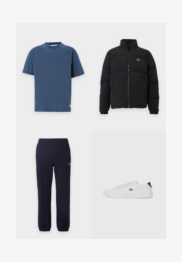 Zwarte pufferjack met een hoge kraag, voorrits en een klein groen logo. Bevat doorgestikte secties en elastische manchetten.; Marineblauwe katoenen t-shirt, korte mouwen, ronde hals, normale pasvorm, effen ontwerp, met een klein logo-label aan de zoom.; Marineblauwe sweatshirtbroek van zachte stof, met een rekbare tailleband, elastische boorden en een klein logo-accent aan de linkerkant.; Witte leren sneaker met ronde neus, vetersluiting aan de voorkant en zwarte hakaccent. Beschikt over een klein geborduurd krokodillenlogo aan de zijkant.