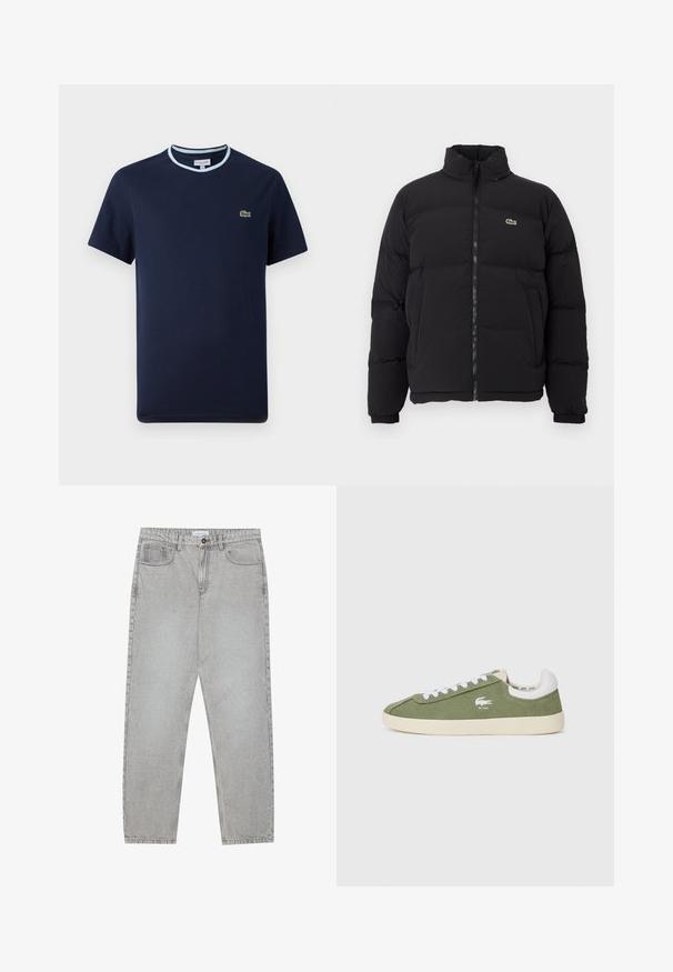 Black puffer jacket with a high collar, front zipper, and a small green logo. Features quilted sections and elasticized cuffs.; Navy blue T-shirt in cotton, with a light blue ribbed neckline. Features a small green crocodile logo on the chest. Short-sleeved design.; Light grey denim pants with a straight-leg design, five-pocket styling, and a button closure. Visible stitching along the seams.; Green canvas sneakers with white laces and a white heel cap. Features a Lacoste logo in white. Classic low-top silhouette and rubber sole.
