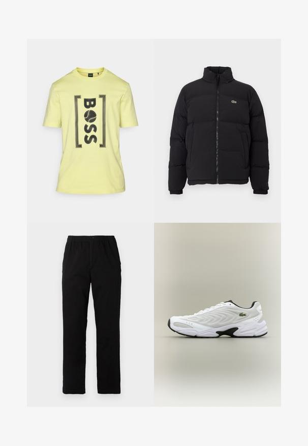 Casaco puffer preto com gola alta, fecho na frente e um pequeno logótipo verde. Apresenta secções acolchoadas e punhos elásticos.; T-shirt de algodão amarelo com uma impressão gráfica preta da palavra "BOSS", emoldurada por dois acentos retangulares. Decote redondo e mangas curtas.; Calças pretas feitas de um tecido de algodão misto, com corte reto, cintura elástica com botão e sem padrões ou detalhes visíveis.; Sapatilha atlética branca com parte superior em malha texturizada, design curvado e outsole preto em contraste. Apresenta um logótipo verde bordado de lado.