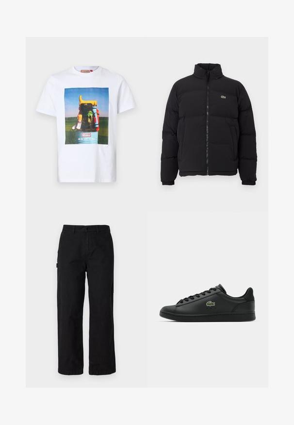 Casaco puffer preto com gola alta, fecho na frente e um pequeno logótipo verde. Apresenta secções acolchoadas e punhos elásticos.; T-shirt de algodão branca com um gráfico colorido de botas e bolsas contra um céu azul, com o texto "Todo o equipamento, nenhuma ideia."; Calças cargo de algodão pretas com um design de perna reta, apresentando bolsos laterais e um fecho frontal com botão. Tecido durável com uma textura suave.; Sapatilha de couro preto com textura suave, bico redondo, atacadores tonais e um logotipo verde bordado na lateral. Sola de borracha com perfil baixo.