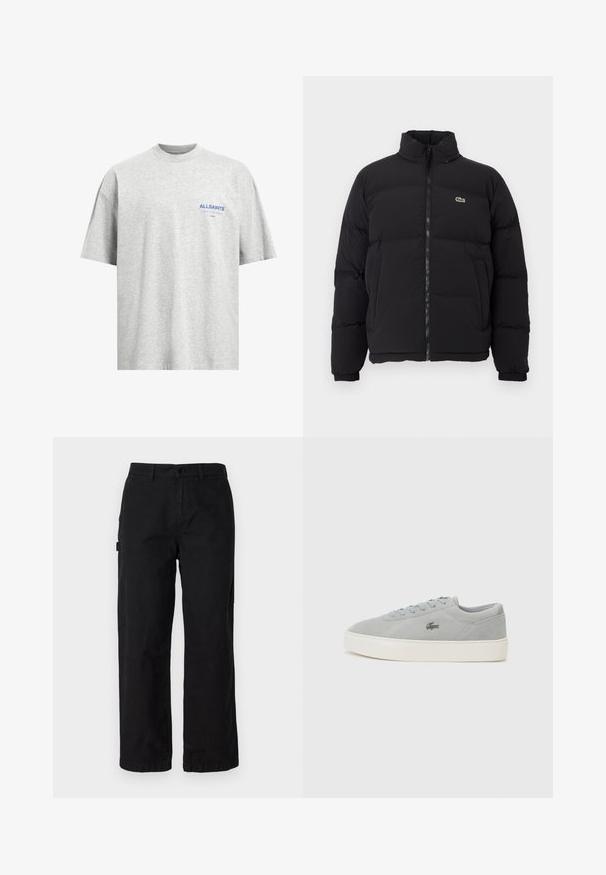 Melnā pūkainā jaka ar augstu apkakli, priekšējo rāvējslēdzēju un mazu zaļu logotipu. Iezīmējas ar kviltētām sekcijām un elastīgām aprocēm.; Pelēks kokvilnas T-krekls ar apaļu kakla izgriezumu, īsām piedurknēm un zilu "ALLSAINTS" logo kreisajā krūšu daļā. Mīksta tekstūra, brīvs piegriezums.; Melni kokvilnas kravas svārki ar taisnu kāju dizainu, ar sānu kabatām un priekšējo pogu aizdari. Izturīga auduma ar gludu tekstūru.; Lacoste COURT - Sporta apavi - grey/off white