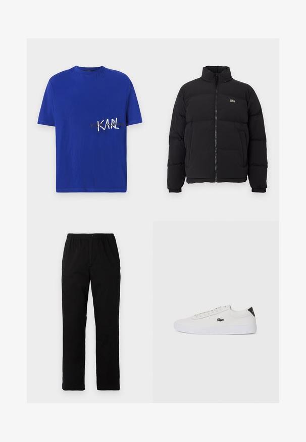 Crni zimski kaput s visokim ovratnikom, prednjim zatvaračem i malim zelenim logotipom. Sadrži kvadrate sa stupovima i elastične manžete.; Plava pamučna majica s okruglim izrezom. Sadrži bijeli natpis "KARL" i dodatno zlatno slovo, kratke rukave i regularan kroj.; Crne hlače od pamuka s dodatkom, ravnog kroja, s elastičnim pojasom i dugmetom, bez vidljivih uzoraka ili ukrasa.; Bijele kožne tenisice s okruglim vrhom, vezanjem sprijeda i crnim detaljem na peti. Imaju mali izvezeni logotip krokodila s bočne strane.