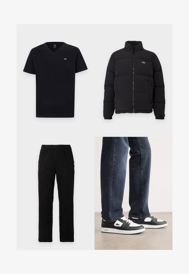 Crni zimski kaput s visokim ovratnikom, prednjim zatvaračem i malim zelenim logotipom. Sadrži kvadrate sa stupovima i elastične manžete.; Crna pamučna majica s V-izrezom, kratkim rukavima i malim bijelim izvezenim logom na lijevoj strani prsnog koša. Glatka tekstura, klasičan kroj.; Crne hlače od pamuka s dodatkom, ravnog kroja, s elastičnim pojasom i dugmetom, bez vidljivih uzoraka ili ukrasa.; Crno-bijele Lacoste tenisice s teksturiranim kožnim gornjim dijelom, s vezanjem i bijelim gumiranim potplatom. Nosi se s tamnim trapericama.