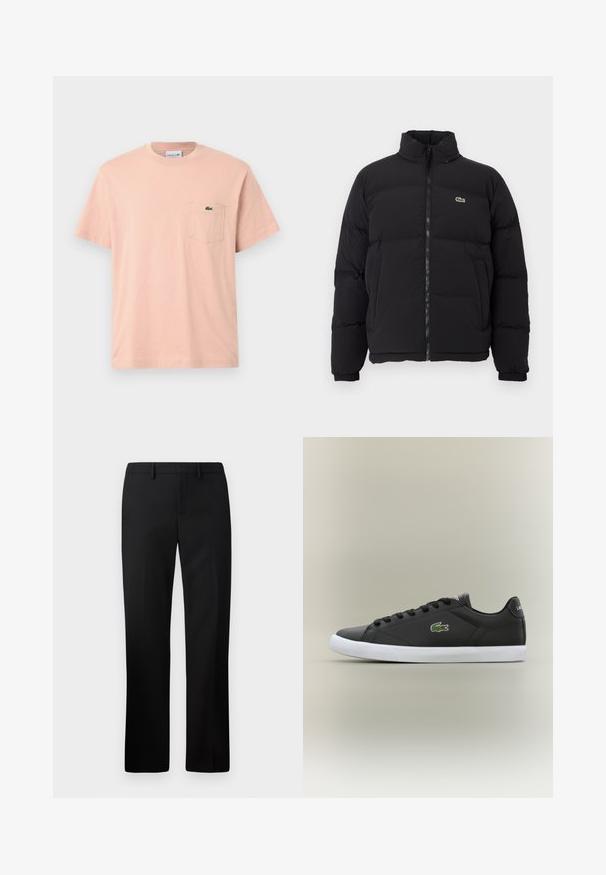 Sort puffer-jakke med høj krave, frontlynlås og et lille grønt logo. Har quiltede sektioner og elastiske manchetter.; Lyserød bomulds T-shirt med rund halsudskæring, korte ærmer og en venstre brystlomme med et grønt Lacoste-logo.; Sorte skræddersyede bukser med lige ben-design, lavet af glat stof. Funktioner inkluderer en flad front og mid-rise talje.; Sorte lædersneakers med hvid gummisål, der har et grønt krokodillelogo og runde snørebånd, slank design med glat tekstur.
