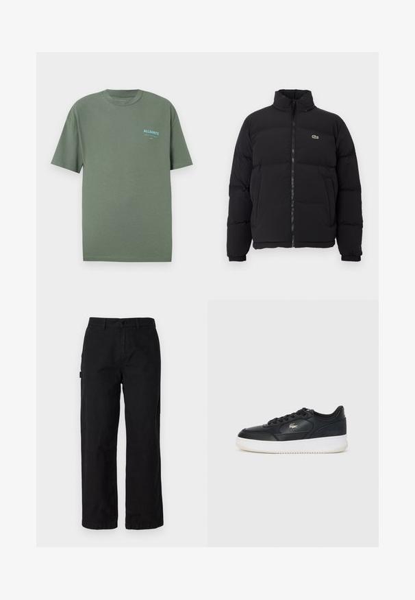 Casaco puffer preto com gola alta, fecho na frente e um pequeno logótipo verde. Apresenta secções acolchoadas e punhos elásticos.; T-shirt verde em algodão com decote redondo, mangas curtas e um pequeno logótipo azul no lado esquerdo do peito. Textura suave, corte relaxado.; Calças cargo de algodão pretas com um design de perna reta, apresentando bolsos laterais e um fecho frontal com botão. Tecido durável com uma textura suave.; Sapatilha de couro preto com sola branca, apresentando um bico arredondado, design com atacadores e um logotipo discreto na lateral. Detalhes em relevo na parte superior.