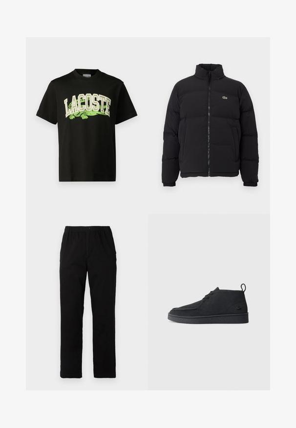 Μαύρο μπουφάν πούφφας με ψηλό γιακά, μπροστινό φερμουάρ και μικρό πράσινο λογότυπο. Διαθέτει καπιτονέ τμήματα και ελαστικούς καρπούς.; Lacoste Μπλουζάκι με στάμπα - black; Μαύρο παντελόνι από ύφασμα με βαμβακερό μίγμα, με ίσια γραμμή, ελαστική μέση με κουμπί και χωρίς ορατά σχέδια ή διακοσμητικά.; Μαύρη σουέτ μποτάκι ankle με κορδόνια, με θηλιά και υφασμένο πάτο, διαθέτοντας μικρό ανάγλυφο λογότυπο κροκόδειλου στο πλάι.