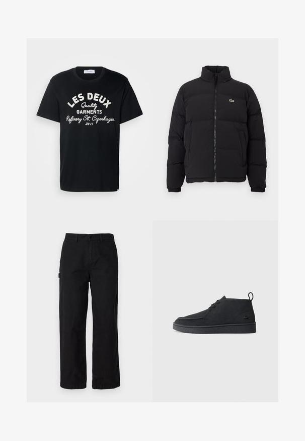 Černá péřová bunda s vysokým límcem, předním zipem a malým zeleným logem. Obsahuje prošívané části a elastické manžety.; Les Deux BARRY - Triko s potiskem - black; Černé bavlněné cargo kalhoty se střihem rovného nohavice, obsahující boční kapsy a přední zapínání na knoflík. Odolná tkanina s hladkou strukturou.; Černé semišové kotníkové boty na šněrování s poutkem a texturovanou podrážkou, s malým reliéfním krokodýlím logem na boku.