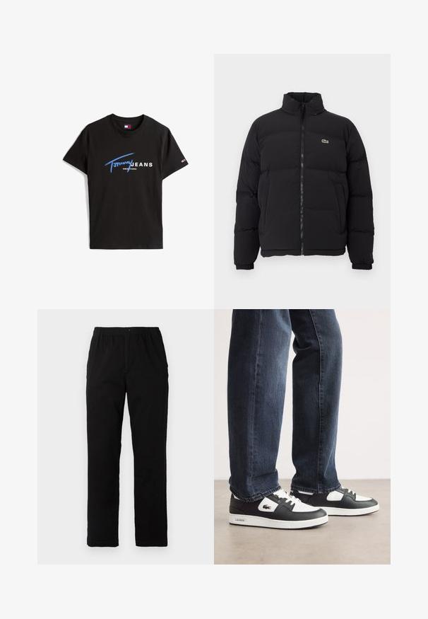 Black puffer jacket with a high collar, front zipper, and a small green logo. Features quilted sections and elasticized cuffs.; Black cotton t-shirt featuring a blue and white front print: "Tommy JEANS NEW YORK." Short sleeves and a crew neck design.; Black pants made of cotton blend fabric, featuring a straight cut, elastic waistband with button, and no visible patterns or accents.; Black and white Lacoste sneakers with a textured leather upper, featuring a lace-up design and a white rubber outsole. Worn with dark jeans.
