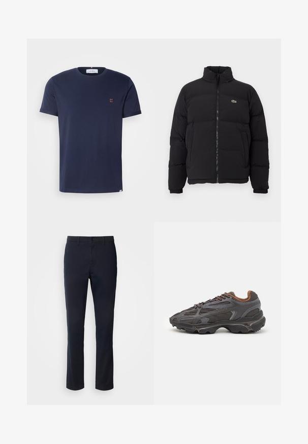 Črna napihljiva jakna z visokim ovratnikom, sprednjim zadrgo in majhnim zelenim logotipom. Ima prešite dele in elastične manšete.; Mornarsko modra majica s kratkimi rokavi, narejena iz mehkega bombaža, z okroglo ovratnico in majhnim oranžnim vezenjem "II" na prsih.; Mornarsko modre hlače iz gladkega blaga, z ravnim krojem, z zankami za pas in gumbom za zapiranje s svetlico.; Lacoste teniske v temno sivi barvi z mrežasto in sintetično prevleko, s teksturiranim podplatom in rjavimi detajli na ovratniku ter blagovni znamki.