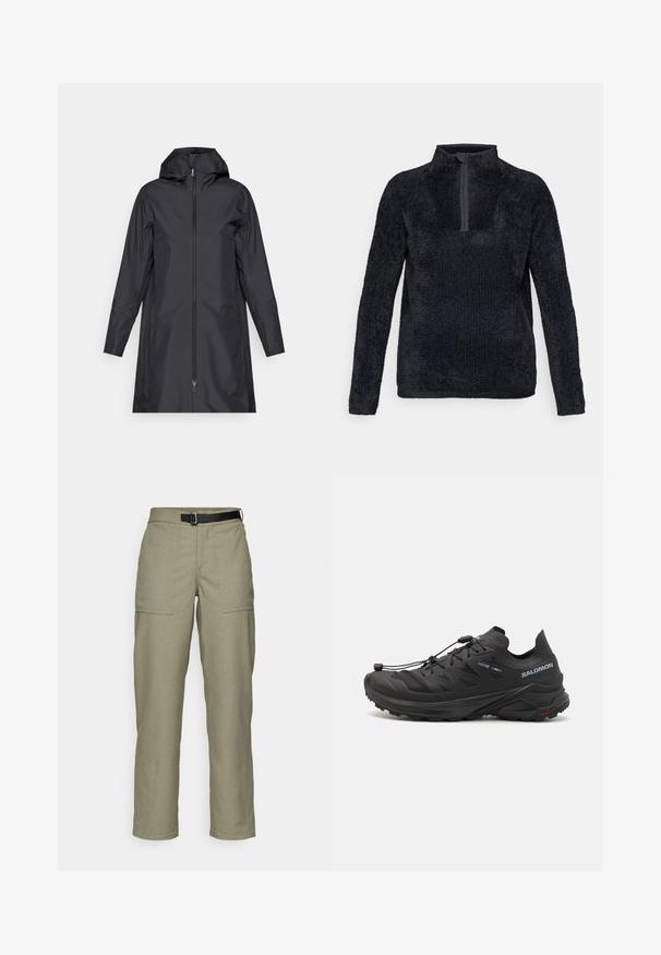 Melna ūdensizturīga jaka ar kapuci, pilnu priekšējo rāvējslēdzēju, garām piedurknēm un minimālistisku dizainu. Gluda tekstūra, bez rotājumiem.; Tumši pelēkās krāsas flīsa džemperis ar pusi rāvējslēdzēja apkakli, garām piedurknēm, teksturētu virsmu un brīvu piegriezumu. Vienkāršs un funkcionāls dizains.; Khaki bikses, kas izgatavotas no strukturētas auduma, ar taisnu kāju dizainu, divām priekšējām kabatām un melnu jostu viduklī.; Melnas skriešanas kurpes ar teksturētu augšdaļu, acs paneļiem un drošu aizdari. Iespējām raupja zole labākai saķerei.