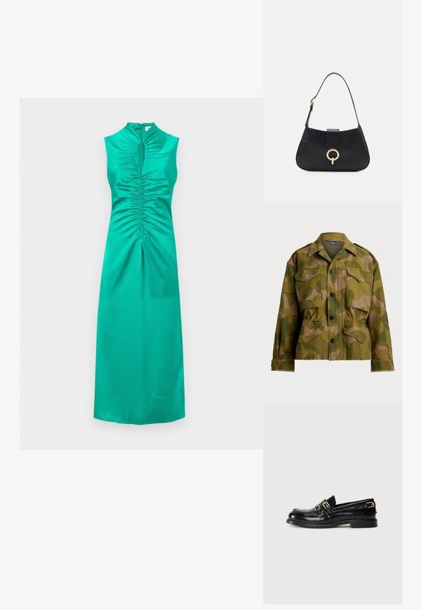 Polo Ralph Lauren PRINTED CROPPED FIELD JACKET - Chaqueta fina - green/brown; Vestido de satén teal sin mangas con escote cortado y detalles fruncidos en el busto y el centro, que cuenta con una cremallera en la parte trasera y un dobladillo recto.; Mocasines de cuero negro con un acabado brillante, que presentan dos hebillas doradas y un tacón bajo. Textura suave con diseño de punta redonda.; Bolso de cuero negro con una silueta curvada, correa corta, herrajes en tono dorado central y textura suave. Sin patrones ni acentos visibles.