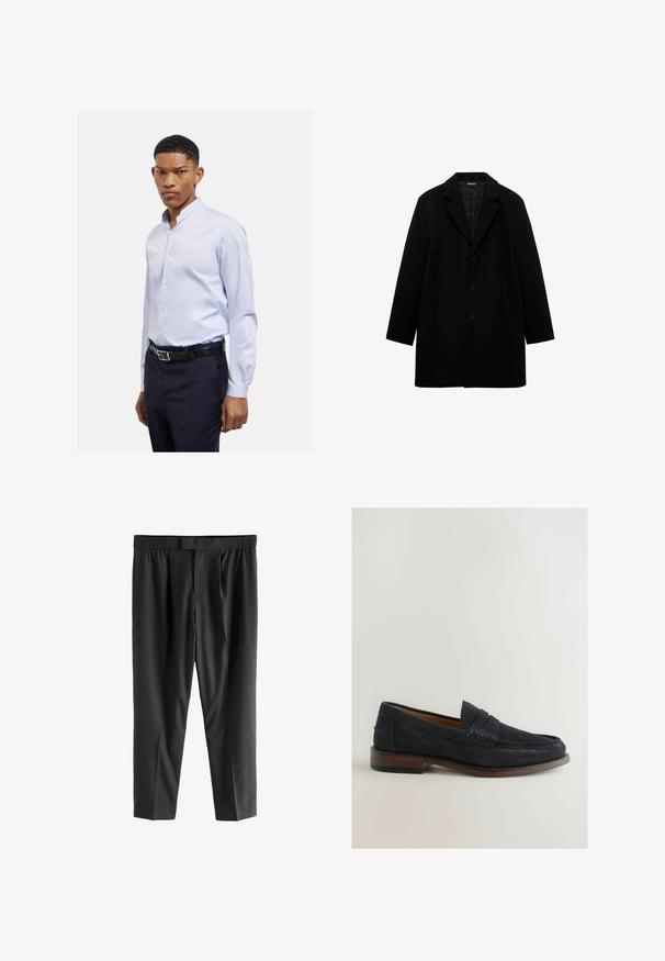 Zwarte jas met een gekarteld kraag, gewatteerde voering, enkelvoudige knoopsluiting, zijzakken en lange mouwen. Eenvoudig, recht gesneden ontwerp.; Lichtblauwe overhemd met lange mouwen en een staande kraag, met knoopsluiting en een gladde textuur, gecombineerd met donkere broeken en een zwarte riem.; Next REGULAR FIT -CHECK SMART - Chino - black; Marineblauwe suède instappers met een gestikte accent en een lage bruine houten hak. Ronde neus en een instapontwerp zonder zichtbare hardware.