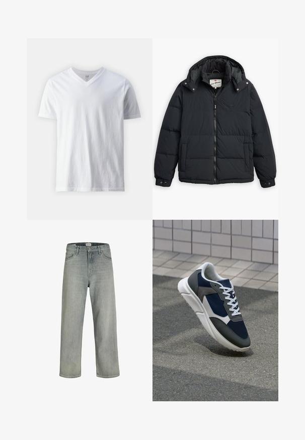 Črna puhovka s snemljivo kapuco, zadrgo spredaj, stranskimi žepi in elastičnimi manšetami. Ima šivane panele za izolacijo in toploto.; Majica s kratkimi rokavi, z V-izrezom, bela, izdelana iz bombaža. Ima enostaven dizajn z gladko teksturo in sproščenim krojem.; Svetlo sivi, široki traperice iz denima. Ima klasični dizajn s pet džepova, petlje za remen i ravno krojenje.; Superge z zgornjim delom iz mrežaste tkanine v mornarsko modri barvi, sivi usnjeni poudarki, belo gumijasto podplato in ravnimi belimi vezalkami, zasnovane za udobje in zračnost.