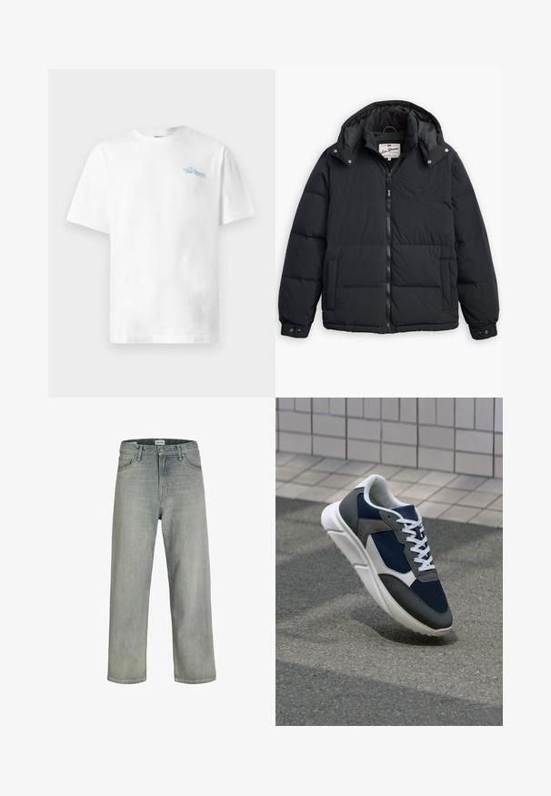 Casaco tipo puffer preto com capuz destacável, fecho de correr à frente, bolsos laterais e punhos elásticos. Apresenta painéis cosidos para isolamento e aquecimento.; T-shirt de algodão branco com decote redondo, mangas curtas e texto azul claro a dizer "THE REGAL" na zona esquerda do peito.; Jeans soltos de cor cinza claro feitos de denim. Apresentam um design clássico de cinco bolsos, passadores para cinto e uma silhueta de perna reta.; Sapatilha com parte superior em malha azul-marinho, detalhes em camurça cinza, sola de borracha branca e atacadores brancos planos, projetada para conforto e respirabilidade.