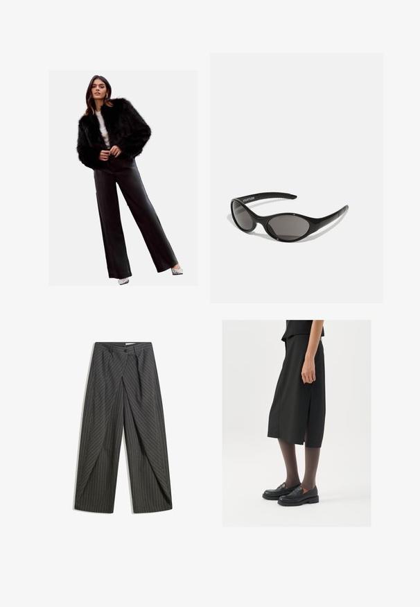 Zwarte nep bont cropped jacket, gecombineerd met hoge zwarte leren broek, zilveren hakken en een witte top. Glad textuur en strak ontwerp.; Witte sportieve crop top gemaakt van lichte, ademende stof. Beschikt over mesh zijkanten en een zwart geborduurd logo op de borst.; Grijze pinstripe broek met een ontspannen pasvorm, voorzien van een enkele knoopsluiting, plooien en een wijd beenontwerp.; Zwarte knielange rok met zijsplit, gecombineerd met zwarte loafers en doorzichtige bruine panty's, met een mooie stof en een eenvoudig ontwerp.; Zwarte zonnebril met een ovale vorm en donkere lenzen. Slank plastic montuur met textuuraccenten op de armen. Merkaanduiding aan de zijkant.; Zilveren oorringen met een gladde, gepolijste oppervlakte en een dunne, ronde vorm. Het ontwerp heeft een veilige sluiting.