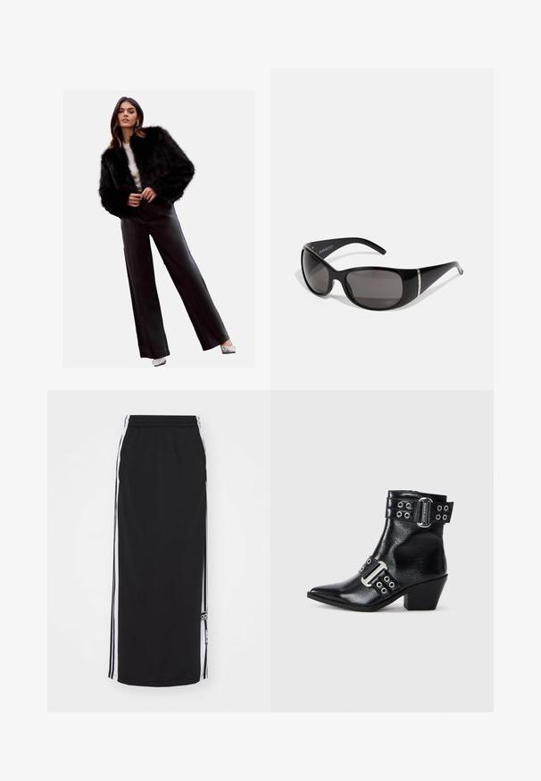 Zwarte nep bont cropped jacket, gecombineerd met hoge zwarte leren broek, zilveren hakken en een witte top. Glad textuur en strak ontwerp.; Grijze ribbel tanktop met een ronde hals en zonder mouwen. Zachte textuur en een getailleerd ontwerp, geschikt voor casual of om te combineren.; Zwarte sportrok met witte zijkanten, elastische tailleband en merkteken. Gemaakt van ademend materiaal, knie-lange ontwerp.; Zwarte leren enkelboot met spitse neus, zilveren gespaccenten en twee riemen met ogen. Lage blokhak voor extra stabiliteit.; Zwarte zonnebril met glanzende kunststof montuur, graden grijze lenzen en zilverkleurige accenten aan de zijkanten. Strak, gebogen ontwerp.; Zilveren creolen met een glad, gepolijst oppervlak en een naadloos ontwerp, voorzien van afgeronde randen en een stevige sluiting.