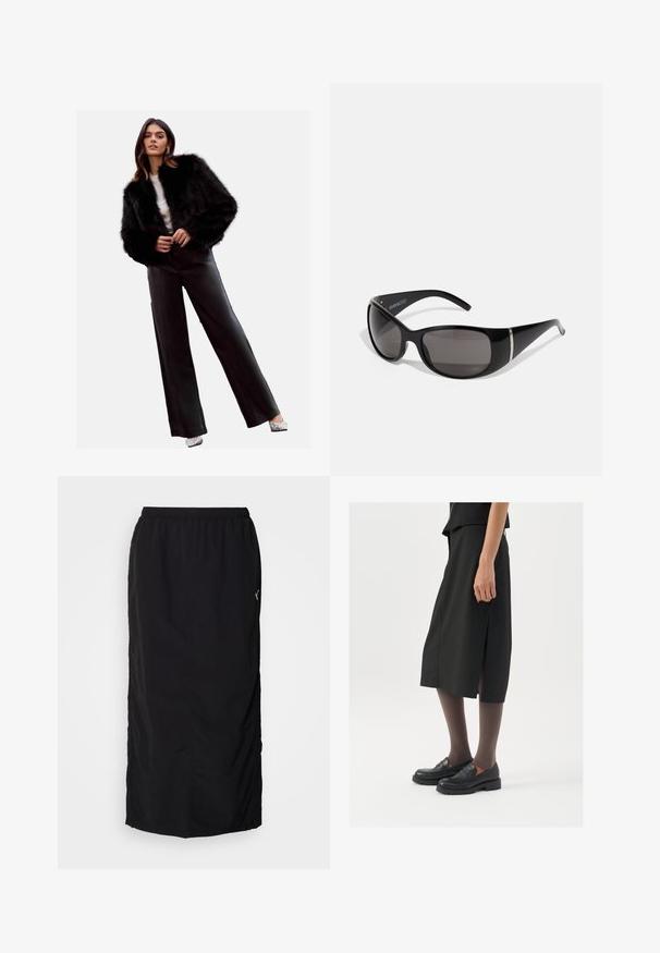 Černá umělá kožešinová zkrácená bunda, spárovaná s černými koženými kalhotami s vysokým pasem, stříbrnými podpatky a bílým topem. Hladká textura a elegantní design.; Šedý žebrovaný tílko s kulatým výstřihem a bez rukávů. Měkká textura a přiléhavý střih, vhodné pro každodenní nošení nebo jako vrstvení.; Černá sportovní sukně s elastickým pasem, vybavená bočními rozparky pro snadný pohyb a minimálními značkovými detaily na pravé straně.; Černá sukně ke kolenům s bočním rozparkem, v kombinaci s černými loafers a průhlednými hnědými punčochami, vyrobená z hladkého materiálu a s jednoduchým designem.; Černé sluneční brýle s lesklými plastovými rámy, gradientní šedé čočky a stříbrnými akcenty po stranách. Hladký, zakřivený design.; Stříbrné kruhové náušnice s hladkým, leštěným povrchem a tenkým, kruhovým tvarem. Design obsahuje bezpečné zapínání.