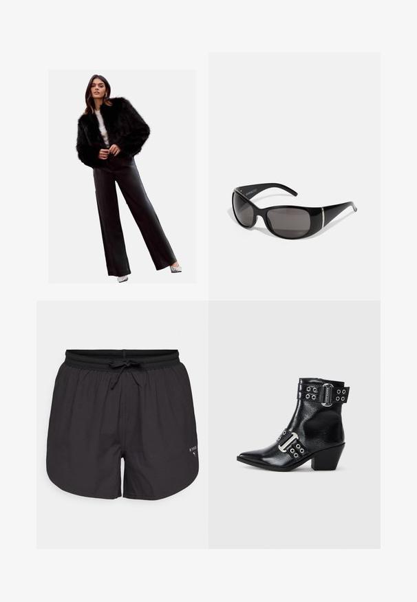 Svart som faux päls, kort jacka, ihop med hög midja svarta läderbyxor, silverklackar och en vit topp. Slät yta och stilren design.; Grå ribbad linne med rund halsringning och utan ärmar. Mjuk känsla och figurnära design, lämplig för avslappnade eller lager-på-lager alternativ.; Svarta badshorts med elastisk midja, justerbar snörning och en vit logotyp på vänster sida. Slätt tyg, längd ovanför knäna.; Svart läderankelsko med spetsig tå, silverfärgade spänne accenter och två remmar med öglor. Låg blockklack för ökad stabilitet.; Svarta solglasögon med glänsande plastbågar, gradientgrå linser och silverfärgade accenter på sidorna. Elegant, böjd design.