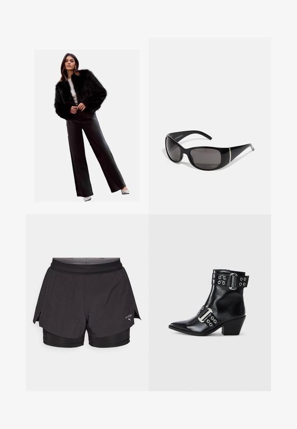 Melnā mākslīgā kažokādas īsā jaka, kombinēta ar augstajiem melnajiem ādas biksēm, sudraba kurpēm un baltu blūzi. Gluda tekstūra un elegants dizains.; Pelēks ribots bez piedurknēm topiņš ar apaļu kakla izgriezumu. Mīksta tekstūra un pieguļoša forma, piemērots ikdienišķām vai slāņošanas iespējām.; Melni skriešanas šorti ar slāņotu dizainu, ar vieglu ārējo kārtu un pieguļošiem iekšējiem šortiem. Ietver acu akcentus un logotipa detaļu.; Melna ādas potīšu zābaku ar norādītu pirkstu, sudraba sprādžu akcentiem un divām siksnām ar caurumiem. Zems blokveida papēdis papildu stabilitātei.; Melnas saulesbrilles ar spīdīgām plastikāta rāmī, gradienta pelēkiem stikliem un sudraba toņa akcentiem malās. Glīts, izliekts dizains.