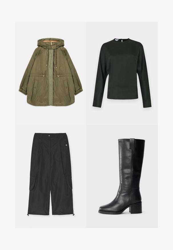 Oliwkowa kurtka z kapturem, z zamkiem błyskawicznym z przodu, kapturem ze sznurkiem, kieszeniami zapinanymi na zatrzask, elastycznymi mankietami i regulowanym pasem.; Ciemnozielona bluzka z długim rękawem z gładkiego materiału. Posiada wysoki dekolt oraz zapięcie w kształcie łezki na plecach. Prosty krój z minimalnymi detalami.; Czarne spodnie cargo wykonane z lekkiego materiału, wyposażone w boczne kieszenie, regulowany sznurek u dołu oraz zapięcie na guzik.; Czarne skórzane botki do kolan o gładkiej fakturze, kwadratowym nosku, słupku oraz bocznym uchwycie, z minimalistycznymi detalami w postaci szwów.