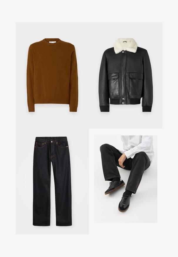 Veste en cuir noir avec un col en shearling crème, dotée de deux poches avant et de poignets côtelés à l'ourlet et aux manches.; Pull en laine marron tricoté avec un col rond, des manches longues, des poignets et un ourlet côtelés. Texture douce avec une finition lisse.; Jean en denim noir pour hommes, coupe droite, avec cinq poches et surpiqûres orange, fermeture par bouton et zip à la taille avant.; Sneakers noirs avec un dessus lisse et texturé, dotés d'une semelle en caoutchouc et de lacets sombres. Associés à un jean noir et une chemise blanche à rayures.
