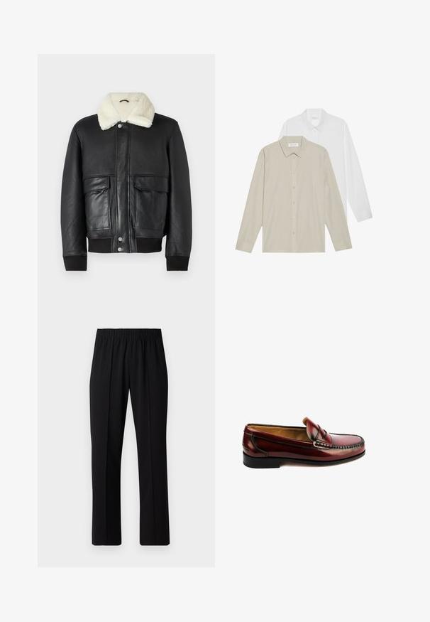 Chaqueta de cuero negra con un cuello de borrego crema, con dos bolsillos frontales y puños acanalados en el dobladillo y las mangas.; Dos camisas de manga larga: una en tela blanca, la otra en beige con finas rayas verticales. Ambas tienen cuellos y puños con botones.; Pantalones negros con cintura elástica y diseño de pierna recta, con una textura suave y sin patrones o herrajes visibles.; Mocasín de cuero marrón con un diseño superior cosido, punta en forma de almendra y un bajo tacón de goma negra. Acabado suave con acentos decorativos.