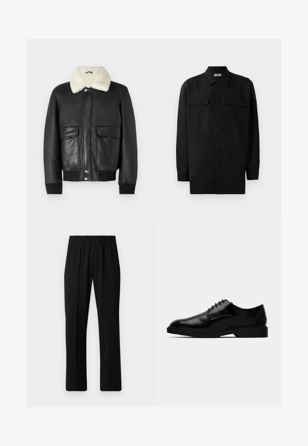 Black leather jacket with a cream shearling collar, featuring two front pockets and ribbed cuffs at the hem and sleeves.; Black button-up shirt made of smooth fabric, featuring a classic collar, two front pockets, and long sleeves with button cuffs.; Black, elastic-waist trousers with a straight-leg design, featuring a smooth texture and no visible patterns or hardware.; Black leather dress shoe with a smooth finish, rounded toe, lace-up design, and understated rubber sole for traction.
